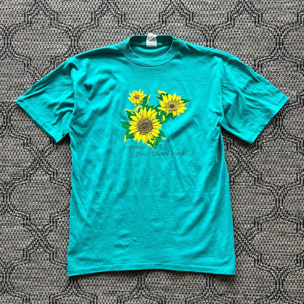 Vintage PEI T-Shirt Mens Medium Teal Sunflowers Nature Maritimes Souvenir Travel